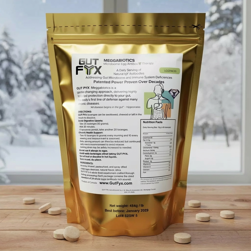 Gold package of Gut Fyx supplement with nutritional information on a wooden surface with a snowy background