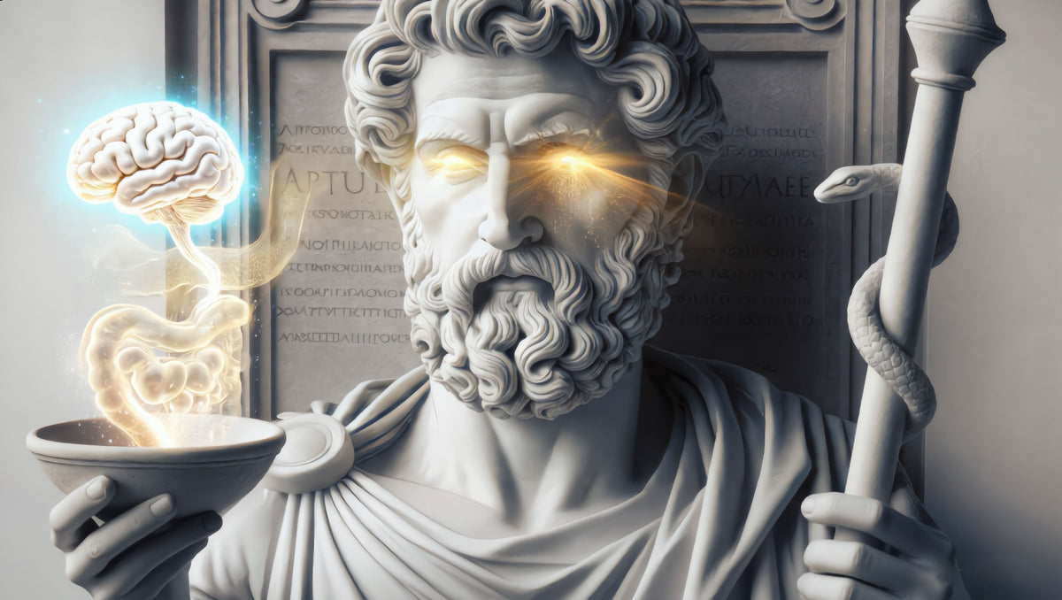 Load video: A photorealistic white marble statue of the ancient Greek physician Hippocrates holding a ceremonial bowl and a serpent-entwined staff. A glowing, ethereal holographic gut-brain axis emerges magically from the bowl, casting a divine light on his face. His carved, blank marble eyes are illuminated with a warm, golden healing glow. The background features blurred classical stone architecture.